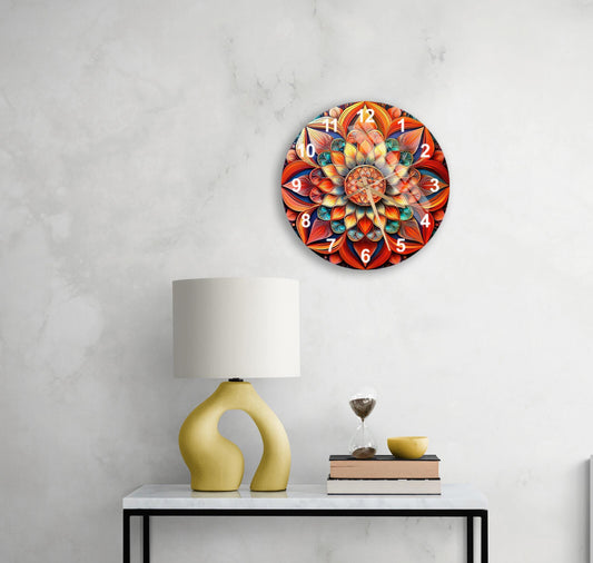 Boho Glass Wall Clock – Mandala Tempered Glass Clock, Colorful Bohemian Decor