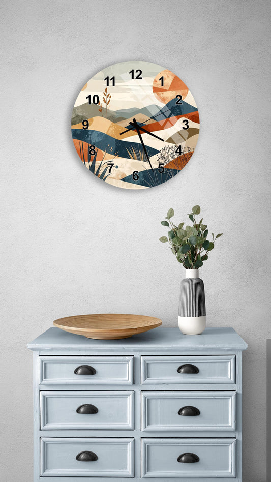 a wall clock with a landscape design, a wooden bowl on a light blue dresser, and a vase with greenery on a gray wall.