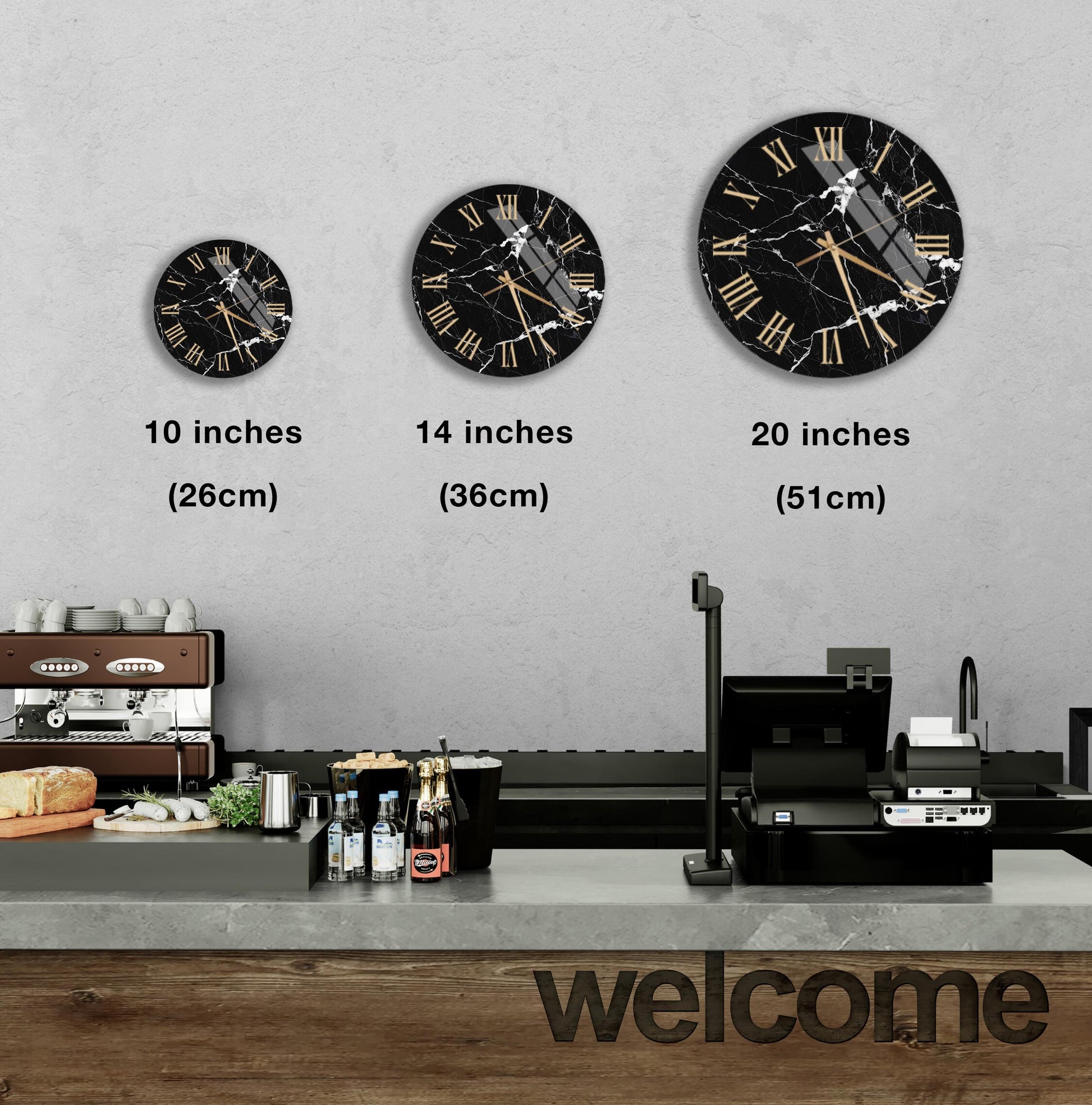 a wall with three clock faces of different sizes, each displaying Roman numerals. Below the clock faces, there is a counter with various items such as bottles and a sandwich. The word "welcome" is written on the counter.