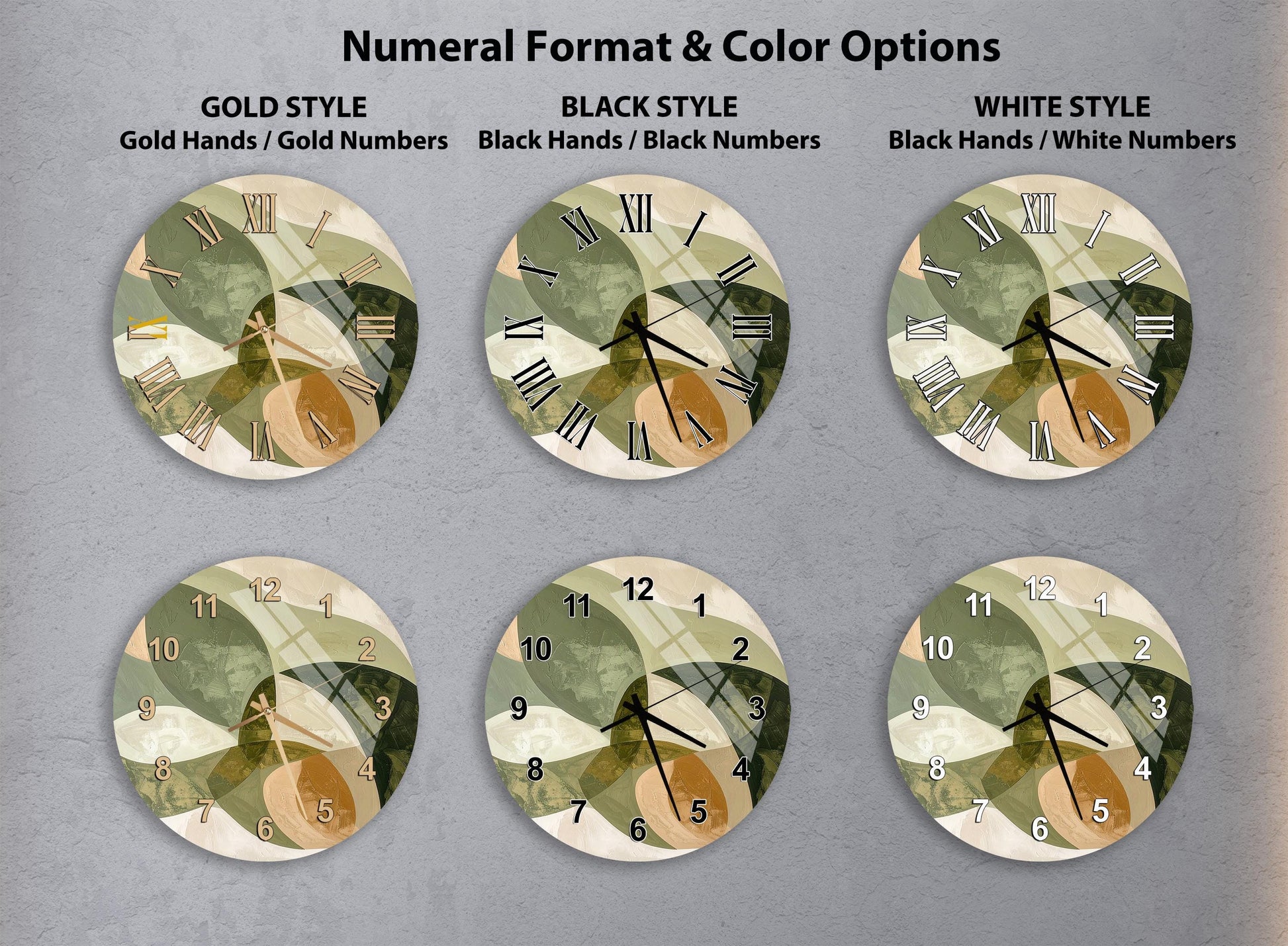 a collection of six clock faces with different styles and color options, arranged in a grid format.