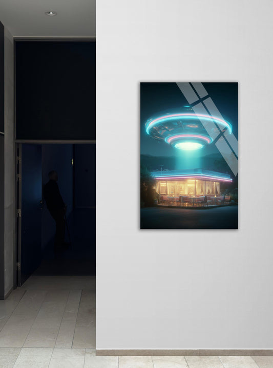 Retro UFO Glass Art – Neon Spaceship Poster | Vintage Alien Decor Wall Art