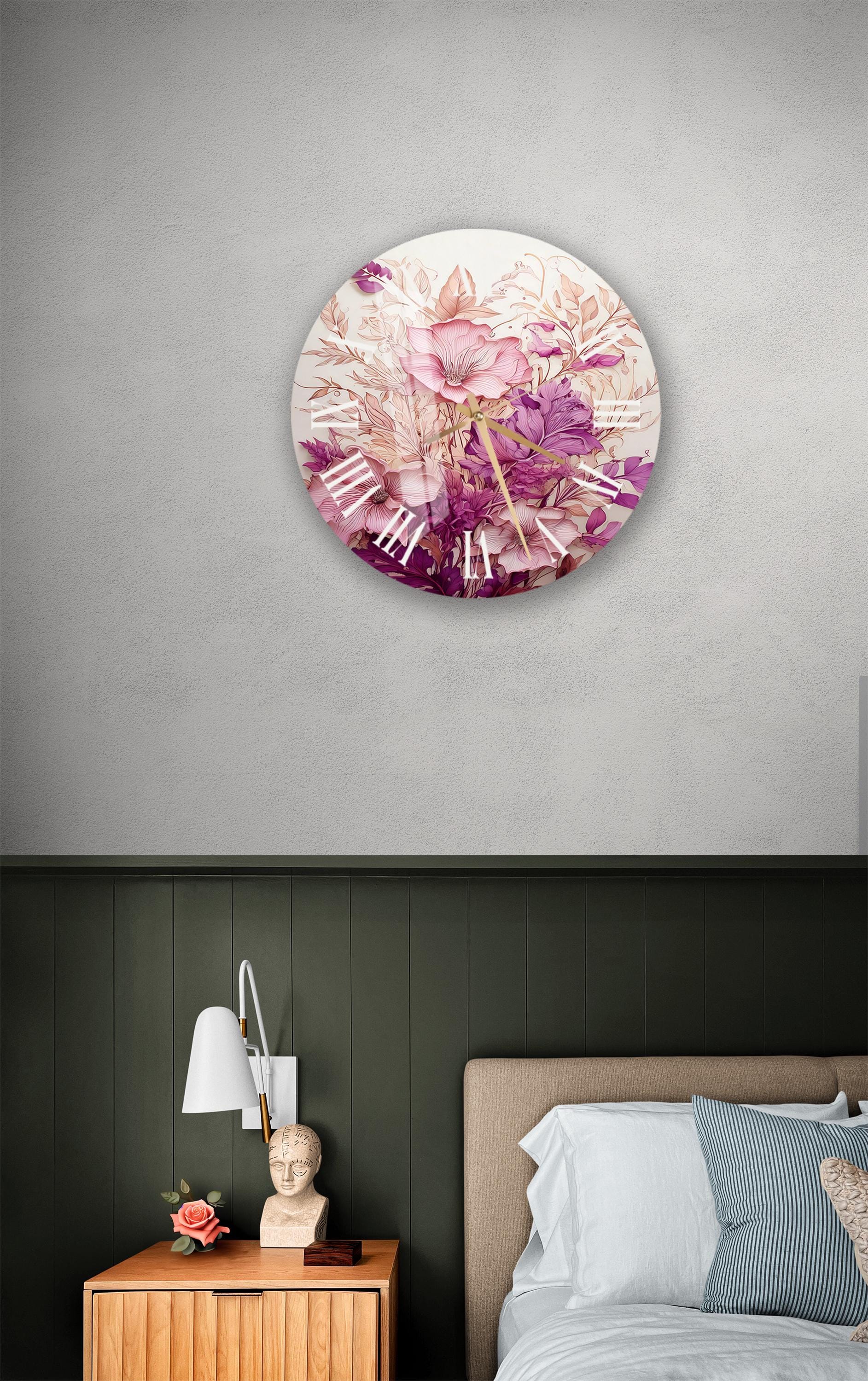 a bed room with a neatly made bed and a clock on the wall