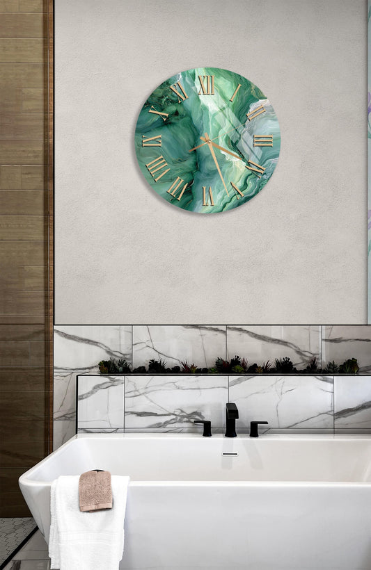 Tempered Glass Wall Clock - Green Agate Design | Silent, Modern Decor Gift