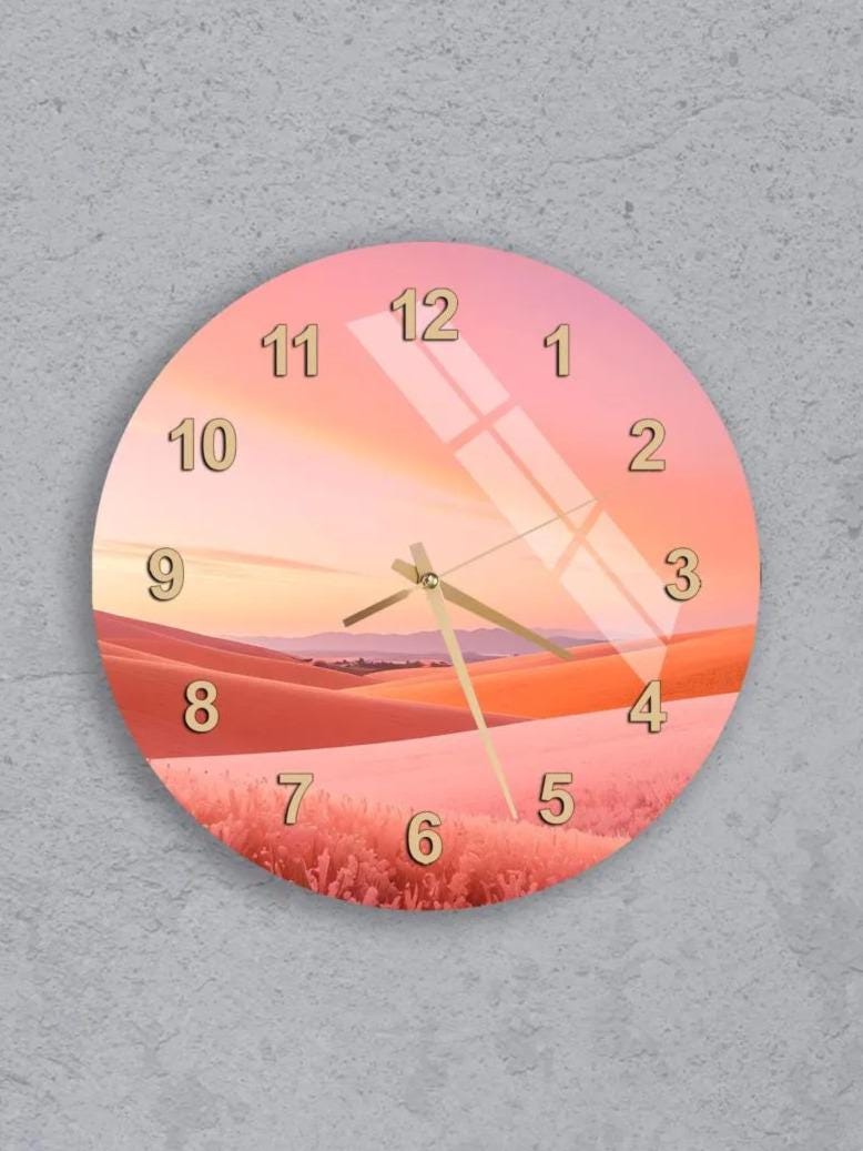 six round wall clocks with different designs, all featuring a sunset or sunrise theme.