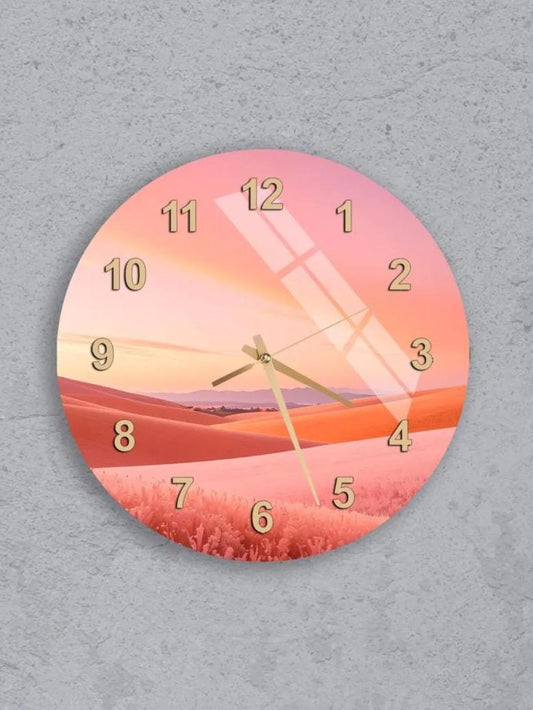 six round wall clocks with different designs, all featuring a sunset or sunrise theme.