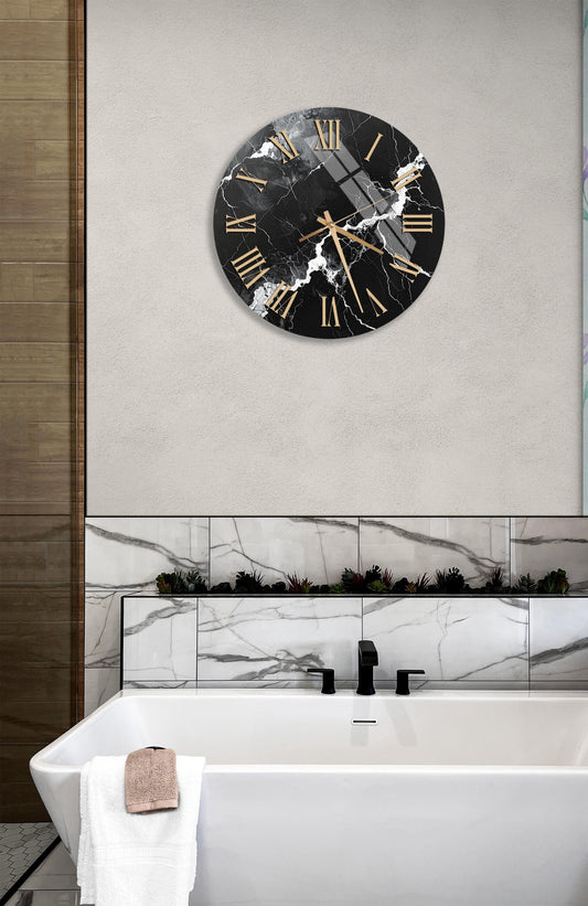 Black Marble Wall Clock - Tempered Glass, Silent Modern Decorative Clock