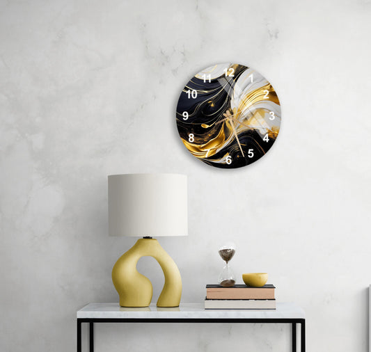 Marble Glass Wall Clock – Tempered Glass, Liquid Swirl Design in Gold & Black