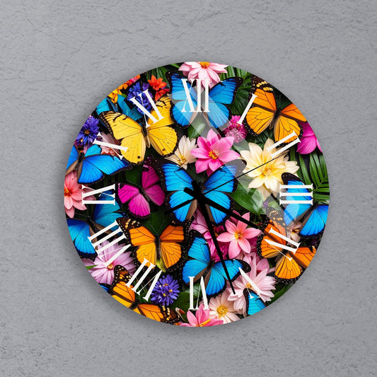 A round wall clock with a vibrant design featuring colorful butterflies and flowers.