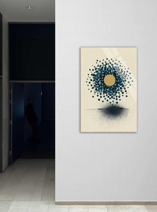 Tempered Glass Wall Art – Abstract Geometric Print with Gold Sun & Teal Circle