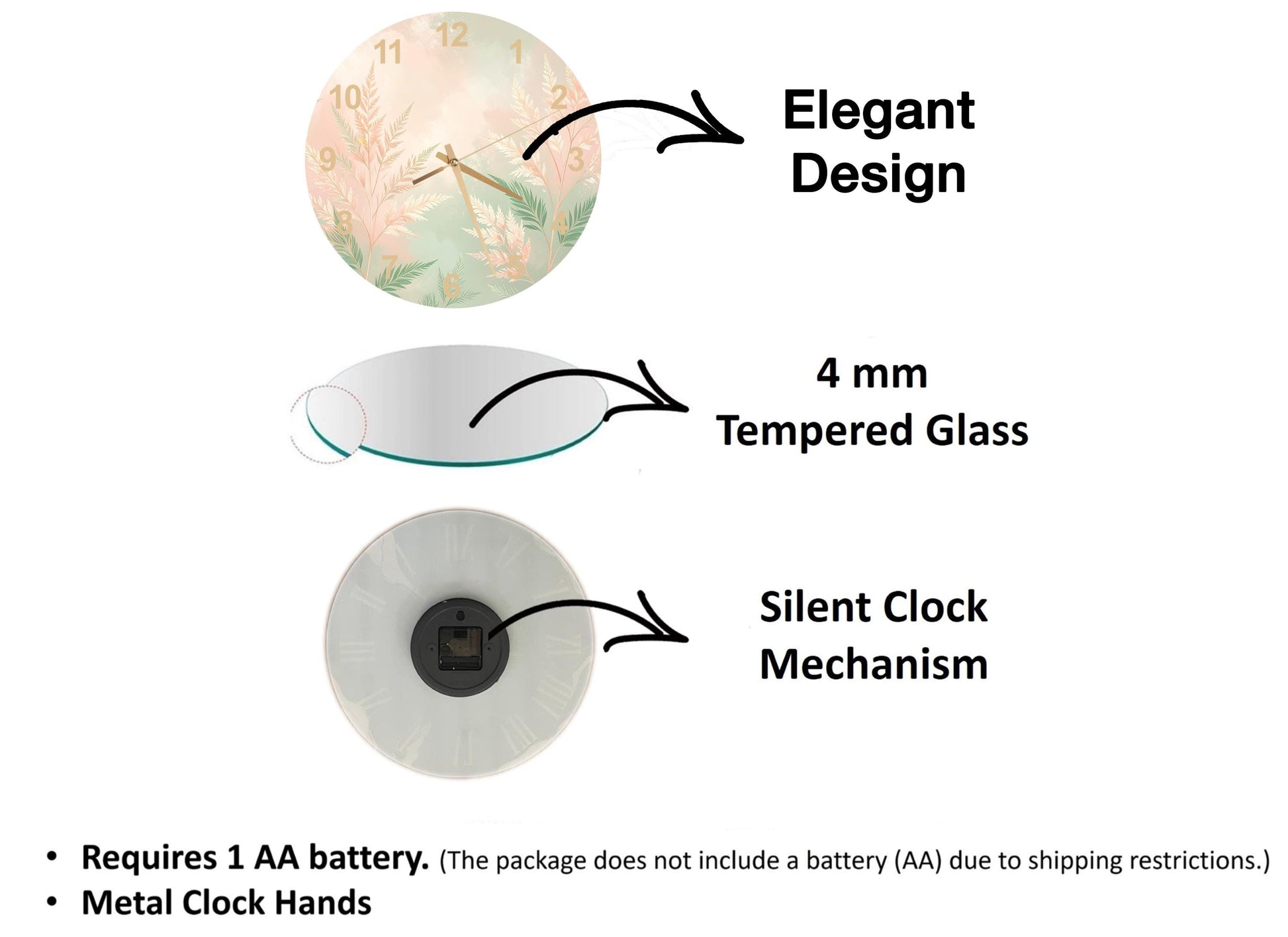 The image is a diagram that illustrates the features of a clock, including its design, materials, and mechanism.