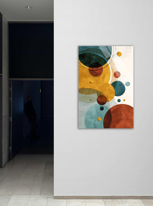 Mid-Century Modern Wall Art – Tempered Glass Abstract Circle Artwork Teal Rust Gold