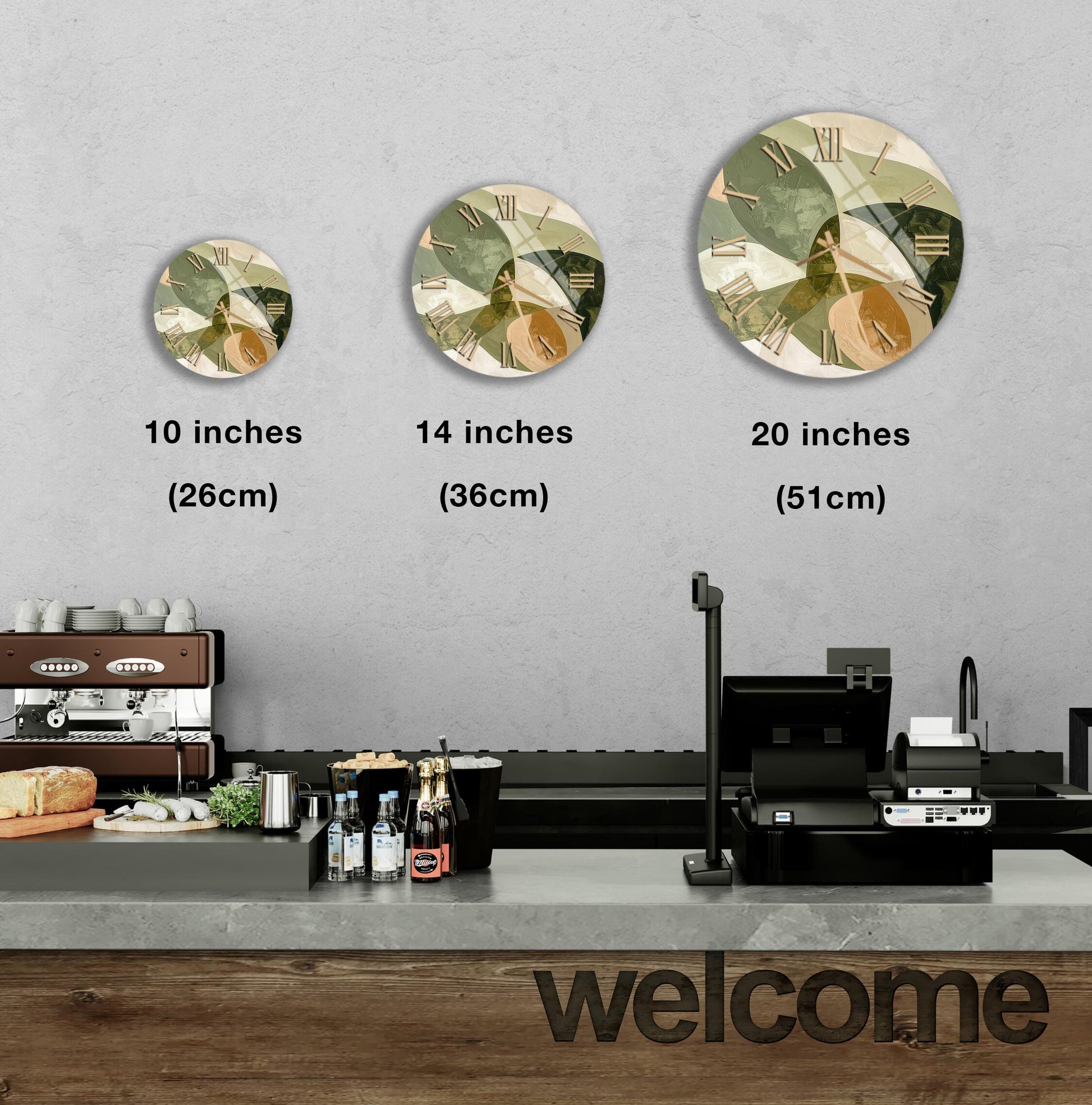 a counter with a cash register, a coffee machine, and a welcome sign. There are three clock faces displayed on the wall, each with a different size and design.