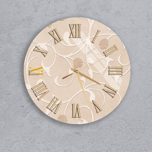 A round wall clock with Roman numerals on a beige background.