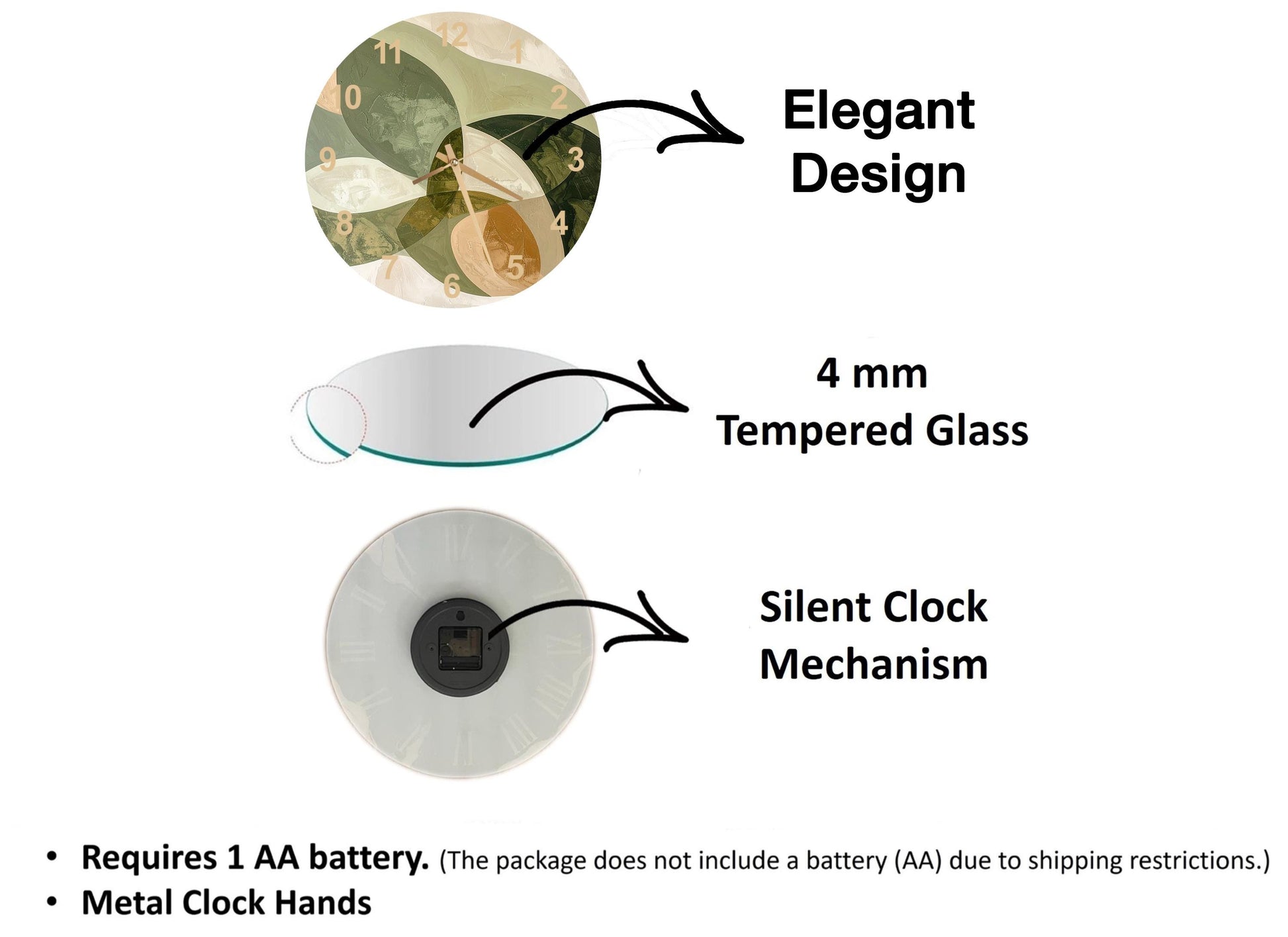 The image is a diagram that illustrates the features of a clock, including the type of glass used, the mechanism, and the battery requirements.