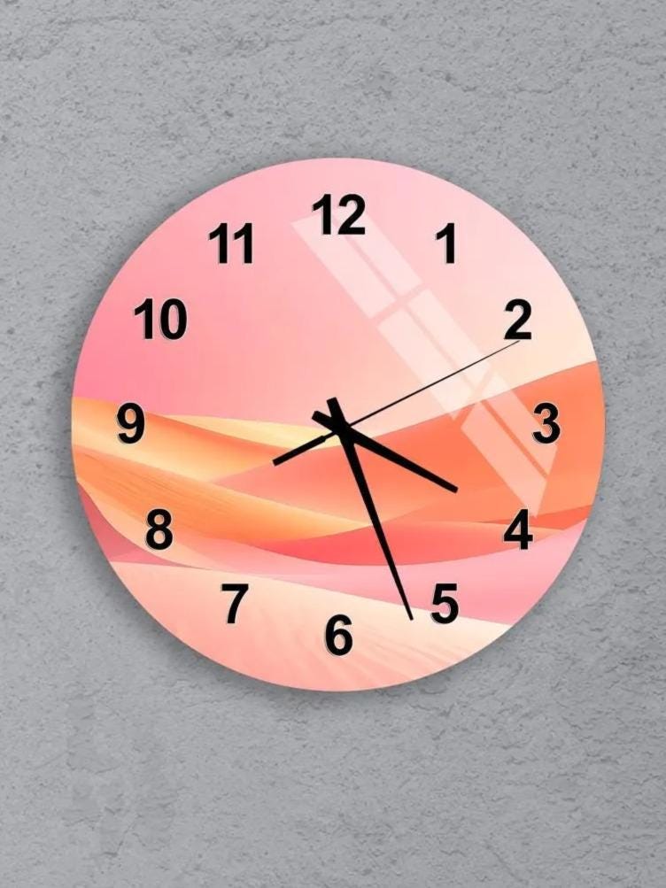 a collection of six round wall clocks with different designs and styles, all featuring pink and orange color schemes.