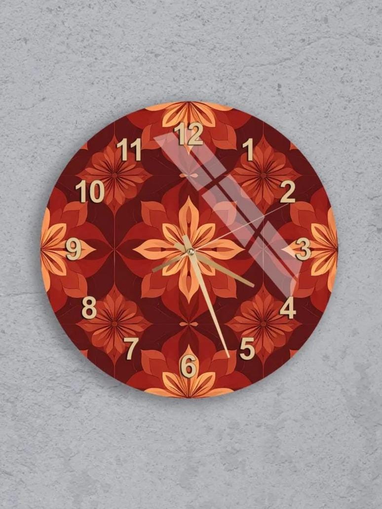 six circular wall clocks with a floral pattern on their faces, arranged in a grid on a gray background.