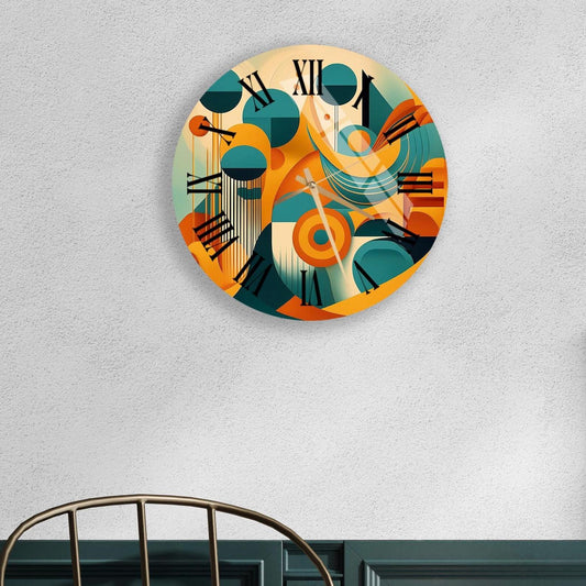 Boho Glass Wall Clock | Tempered Glass Clock - Retro Shapes, Colorful Home Decor