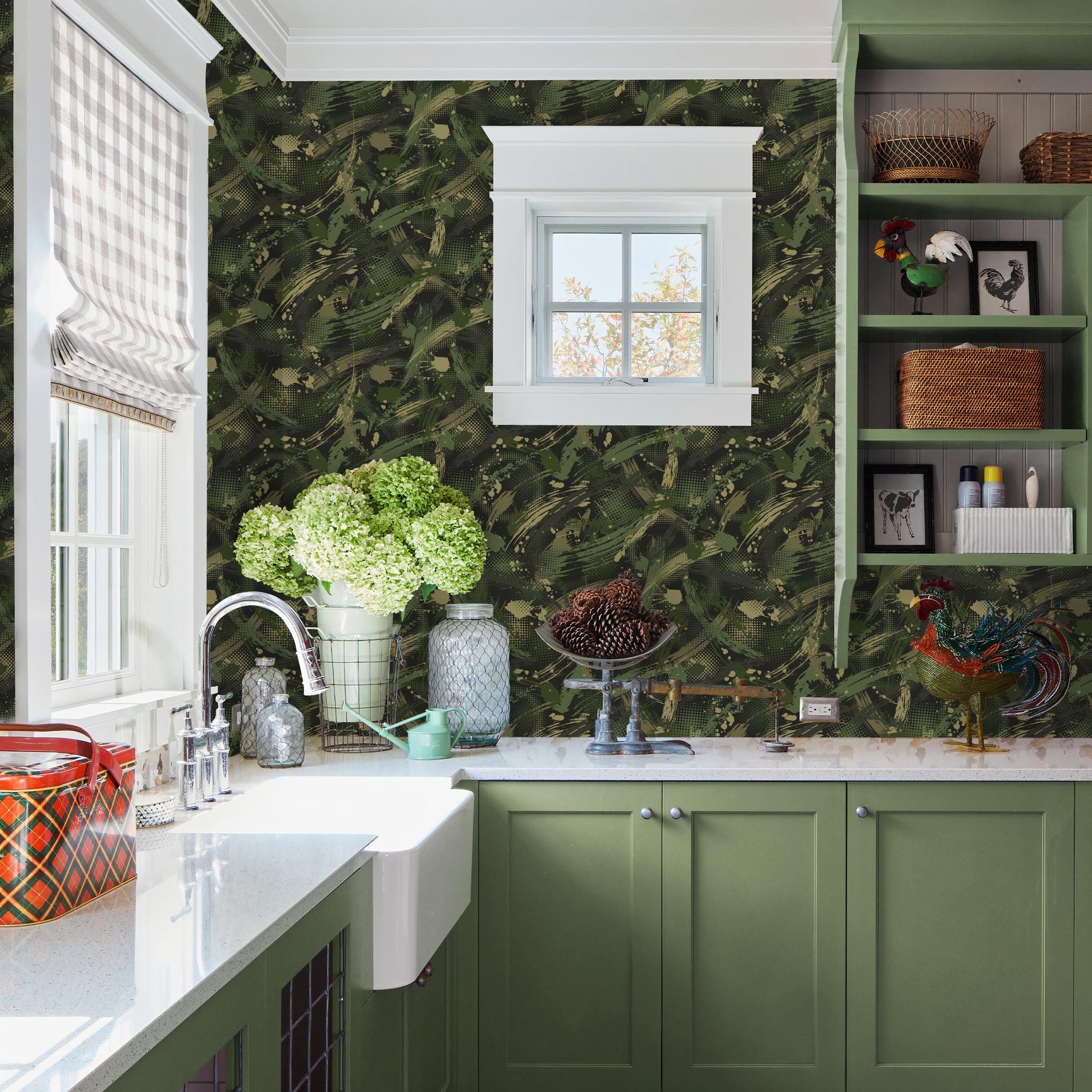 a kitchen with a green and white color scheme, featuring a sink, cabinets, and a window with a green and white patterned wall behind it.