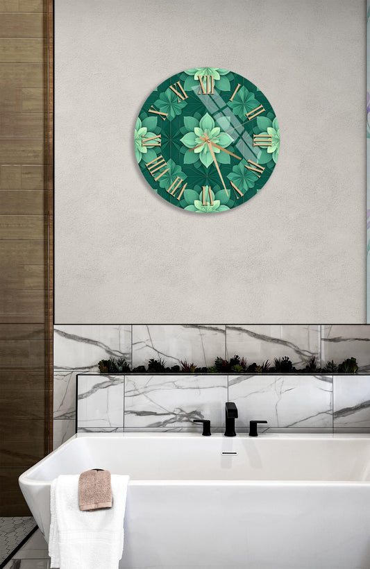Floral Glass Wall Clock - Green Botanical Decor | Tempered Glass, Oversized