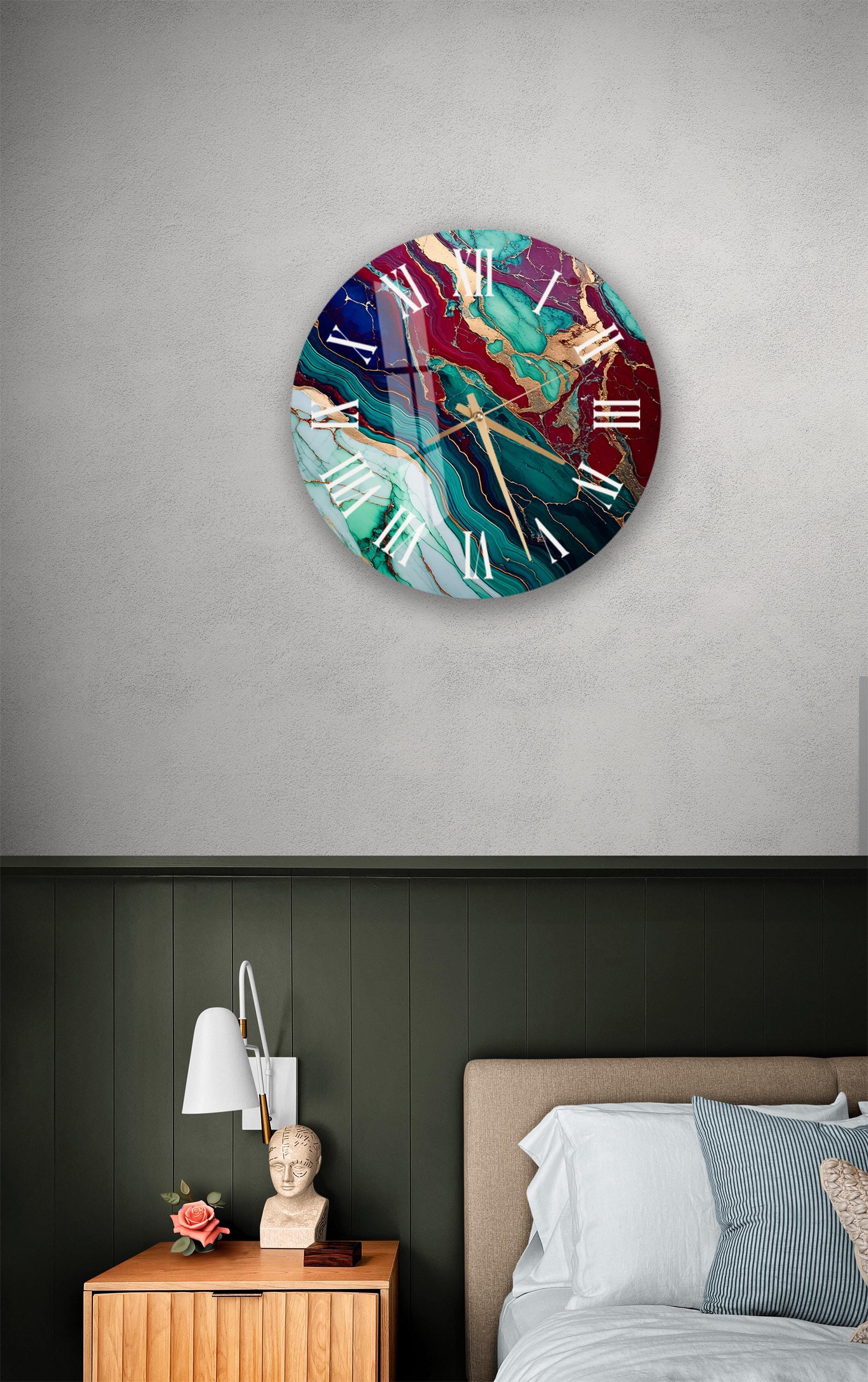 a bedroom with a bed and a clock on the wall