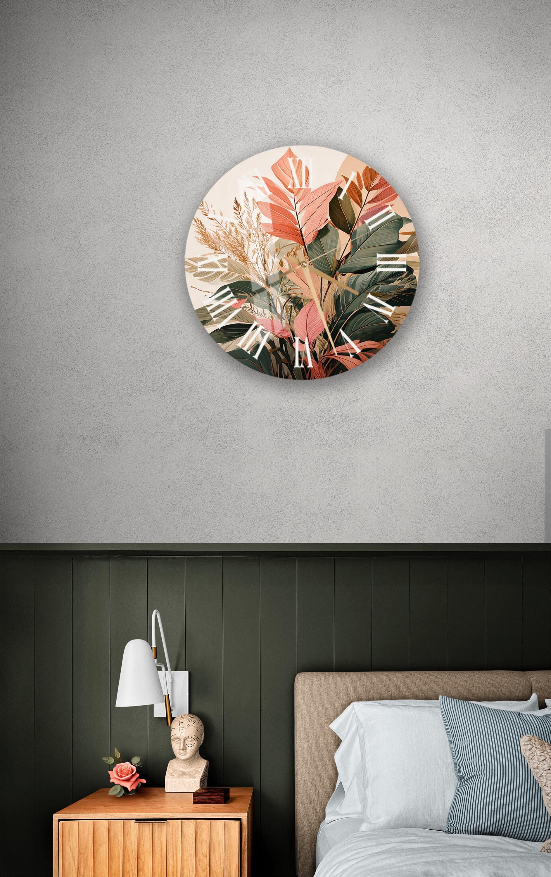 a bed room with a neatly made bed and a painting on the wall