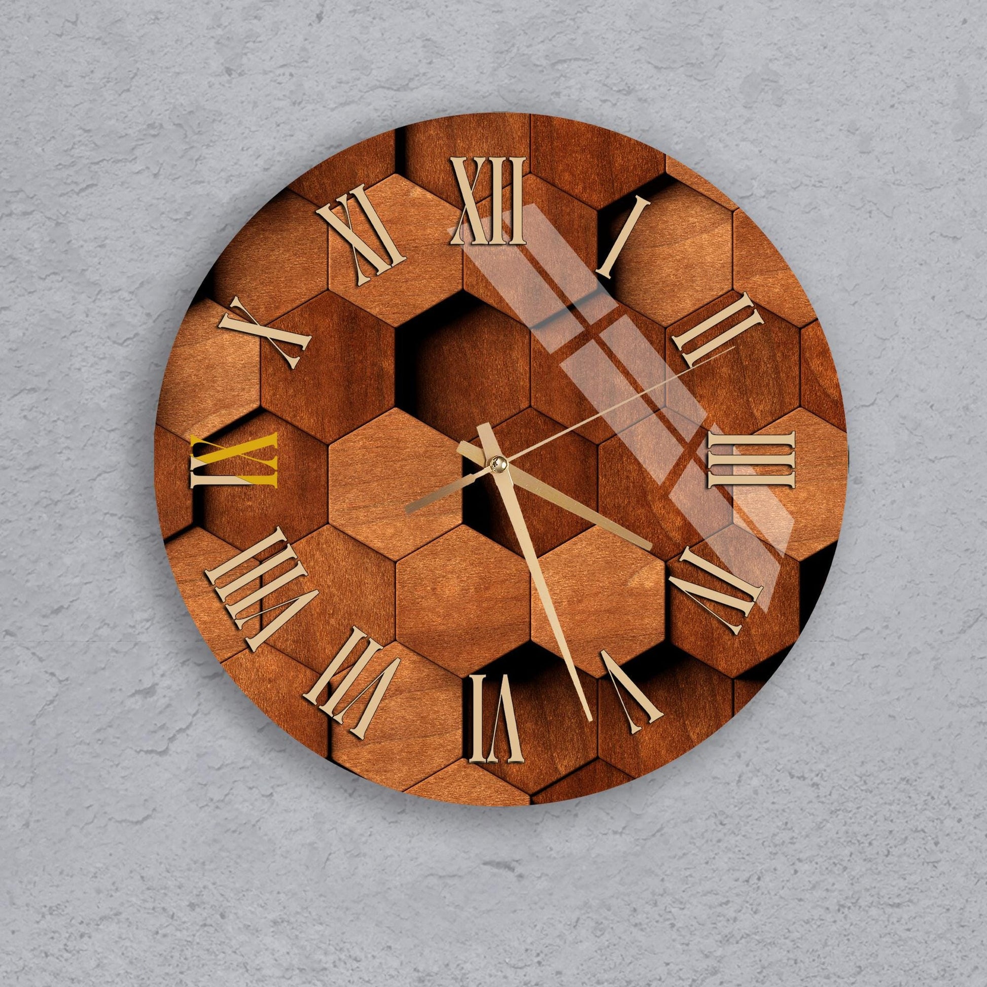 a round clock with a wooden hexagonal pattern on its face.