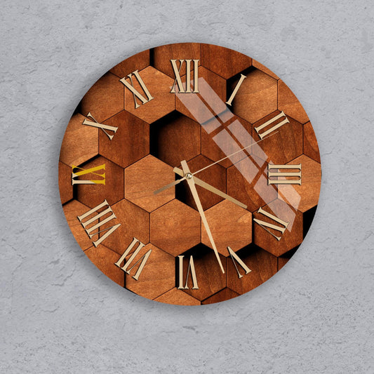 a round clock with a wooden hexagonal pattern on its face.