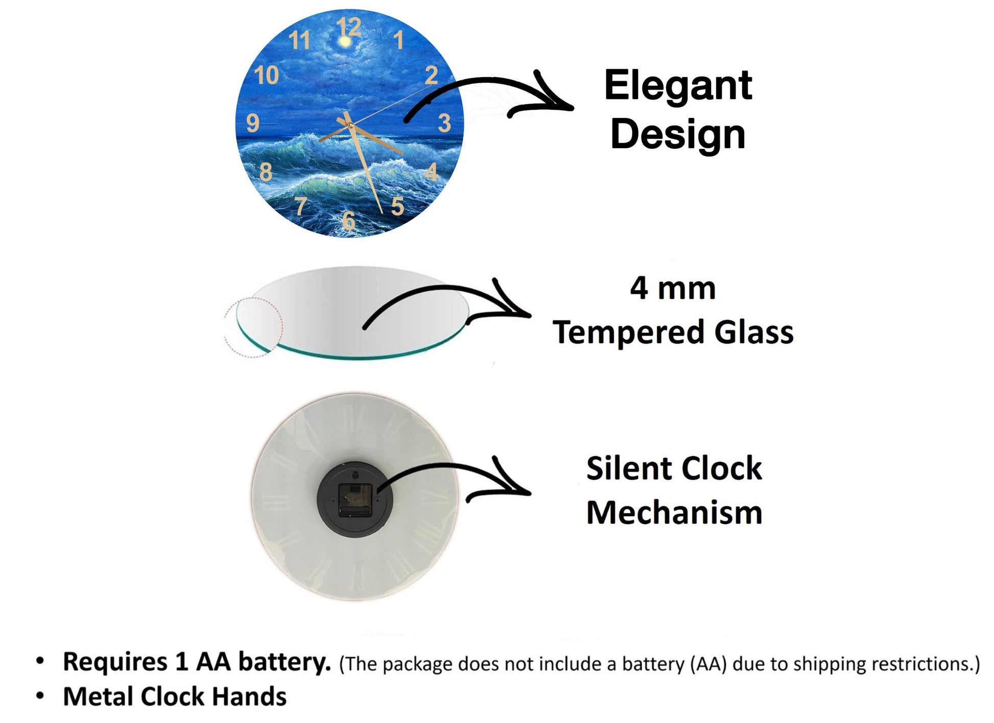 The image is a 3D rendering of a clock with a blue ocean background, accompanied by text describing the clock's features and specifications.