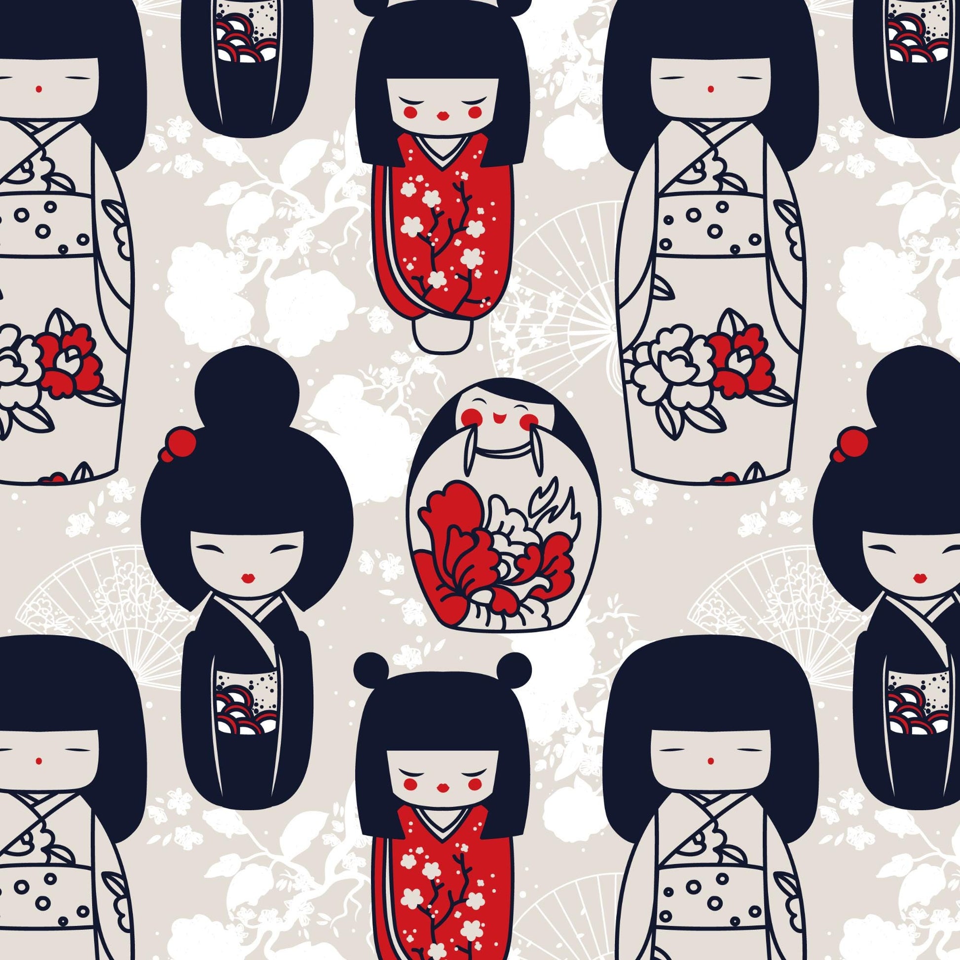 a repeating pattern of stylized black and white dolls wearing traditional Japanese clothing, including kimonos and obi. The dolls are arranged in a grid-like pattern, creating a visually striking and symmetrical design.