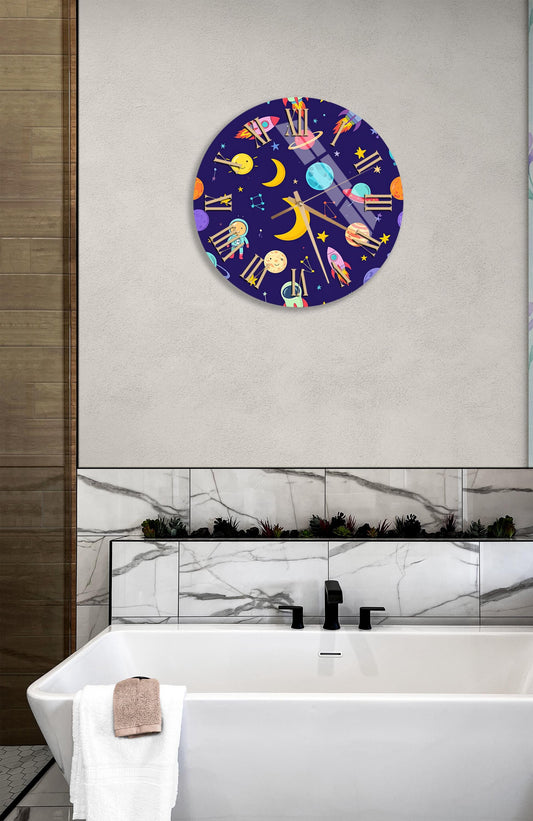 Tempered Glass Wall Clock – Blue Space Themed Clock with Planets & Rockets Design