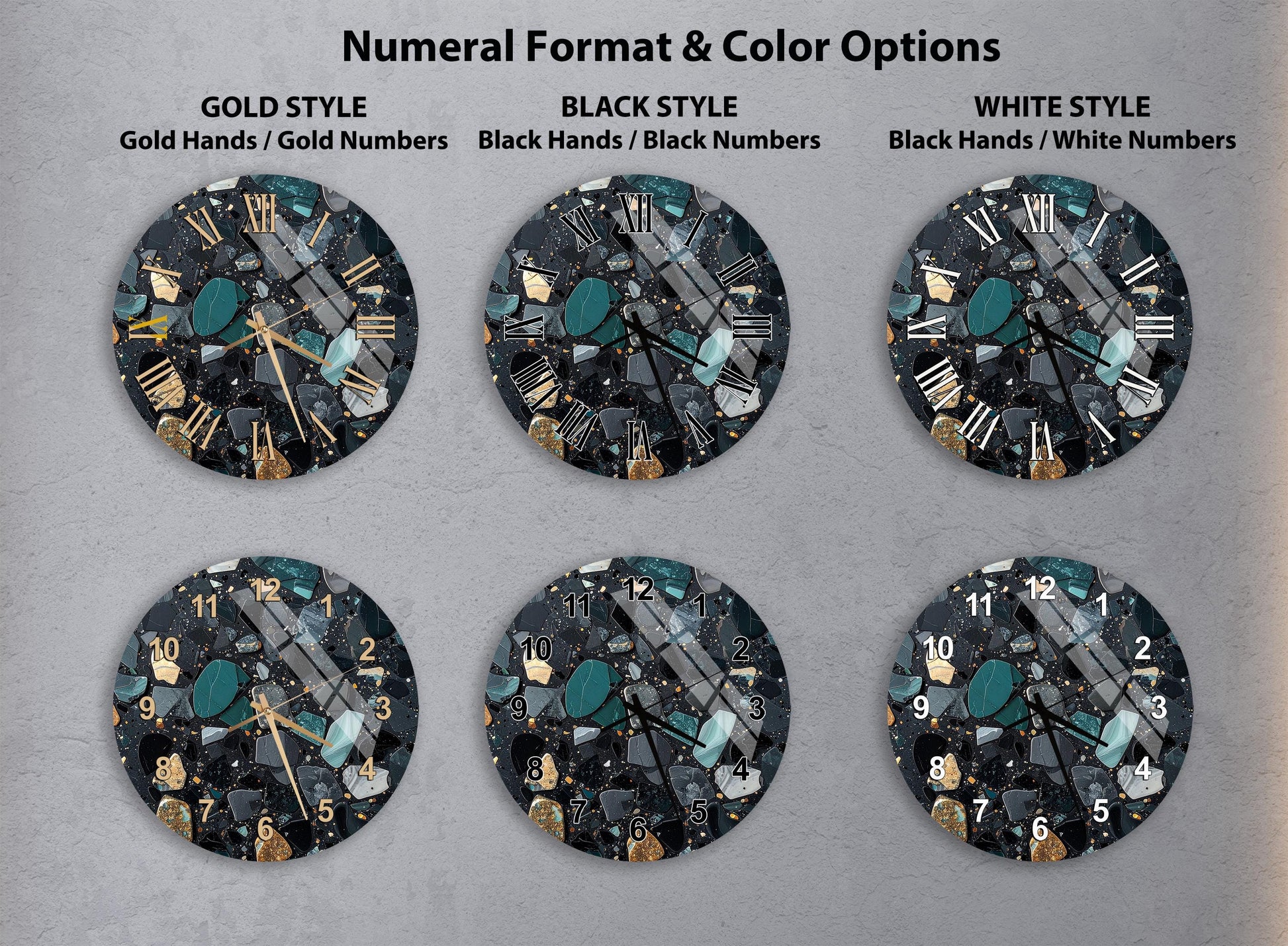 a collection of six clock faces, each with a different color and style, arranged in a grid. The clocks feature a variety of colors and patterns, including gold, black, white, and teal. The clocks are arranged in a visually appealing manner, showcasing the different styles and color options available for a clock design.