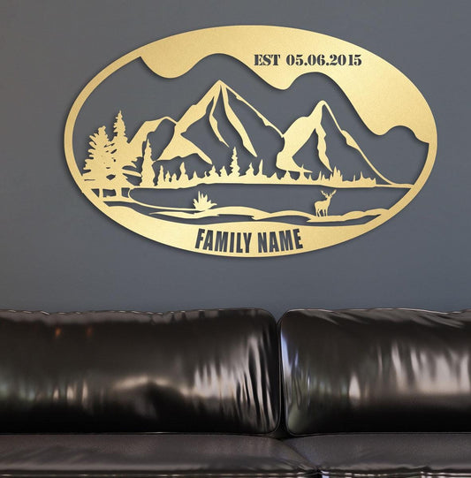 Custom Metal Wall Art – Mountain Family Name Sign | Rustic Nature Decor
