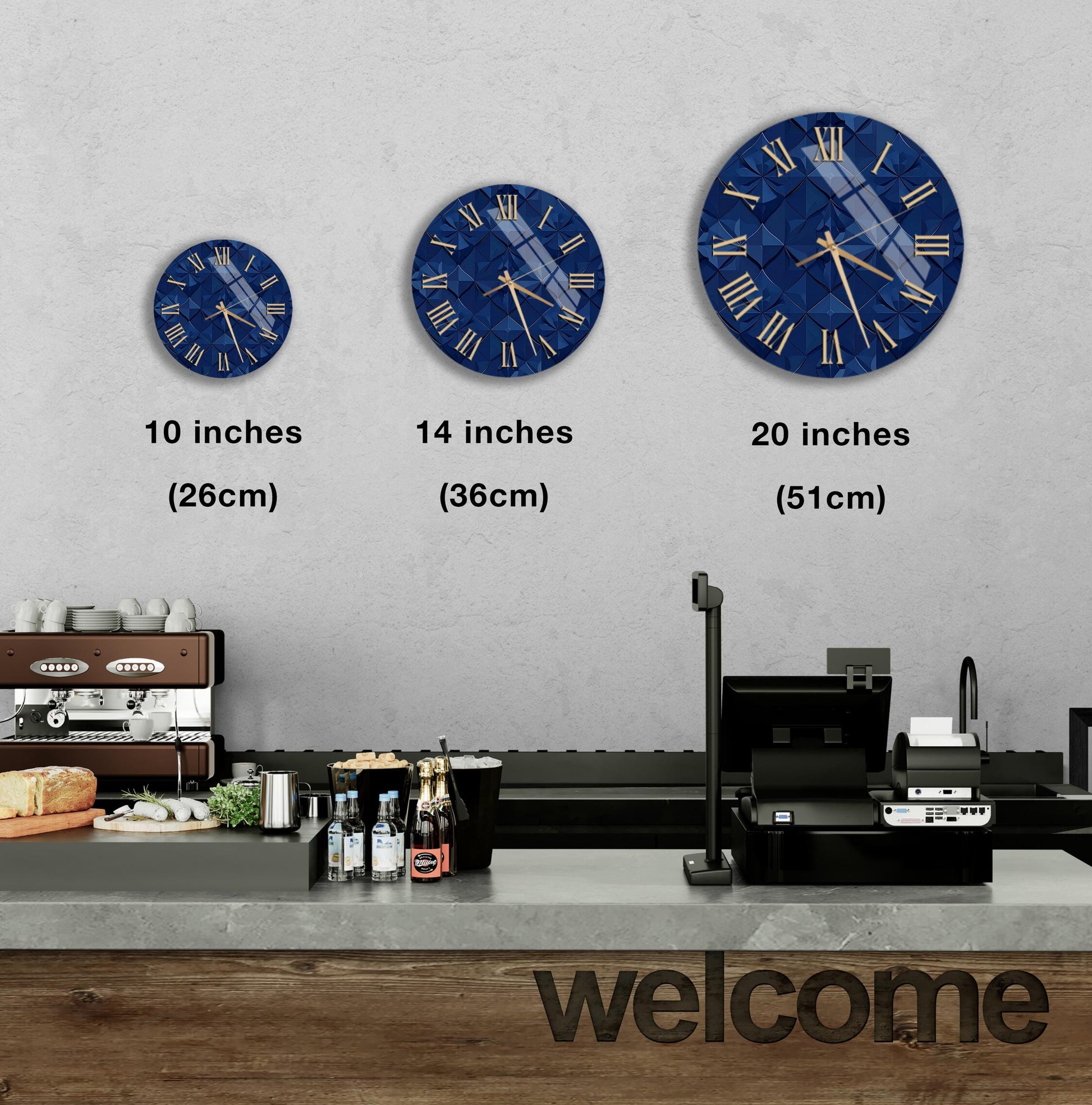 a wall with three blue clock faces, each displaying different sizes. Below the clock faces, there is a counter with various items such as bottles and a cash register. The word "welcome" is written on the counter.