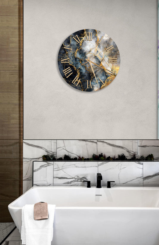 Tempered Glass Wall Clock - Abstract Marble Design with Gold Veins, Modern Decor