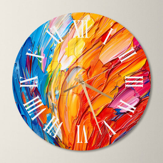 a colorful clock with roman numerals on it