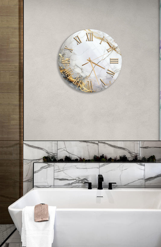 Marble Glass Wall Clock – Tempered Glass Clock with Gold Accent & Swirl Design