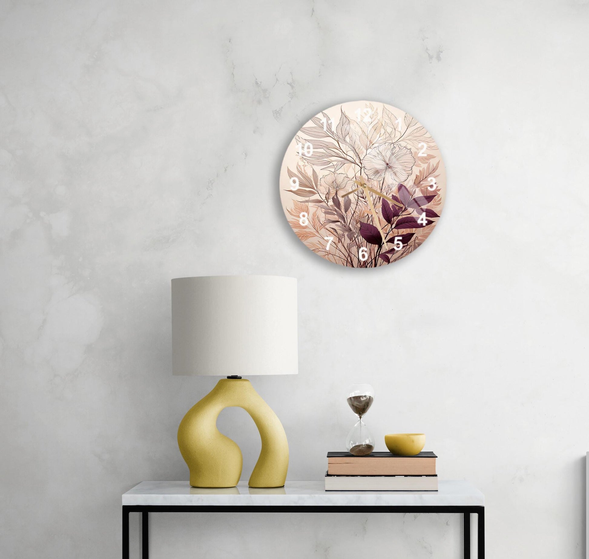a table with a lamp and a clock on it