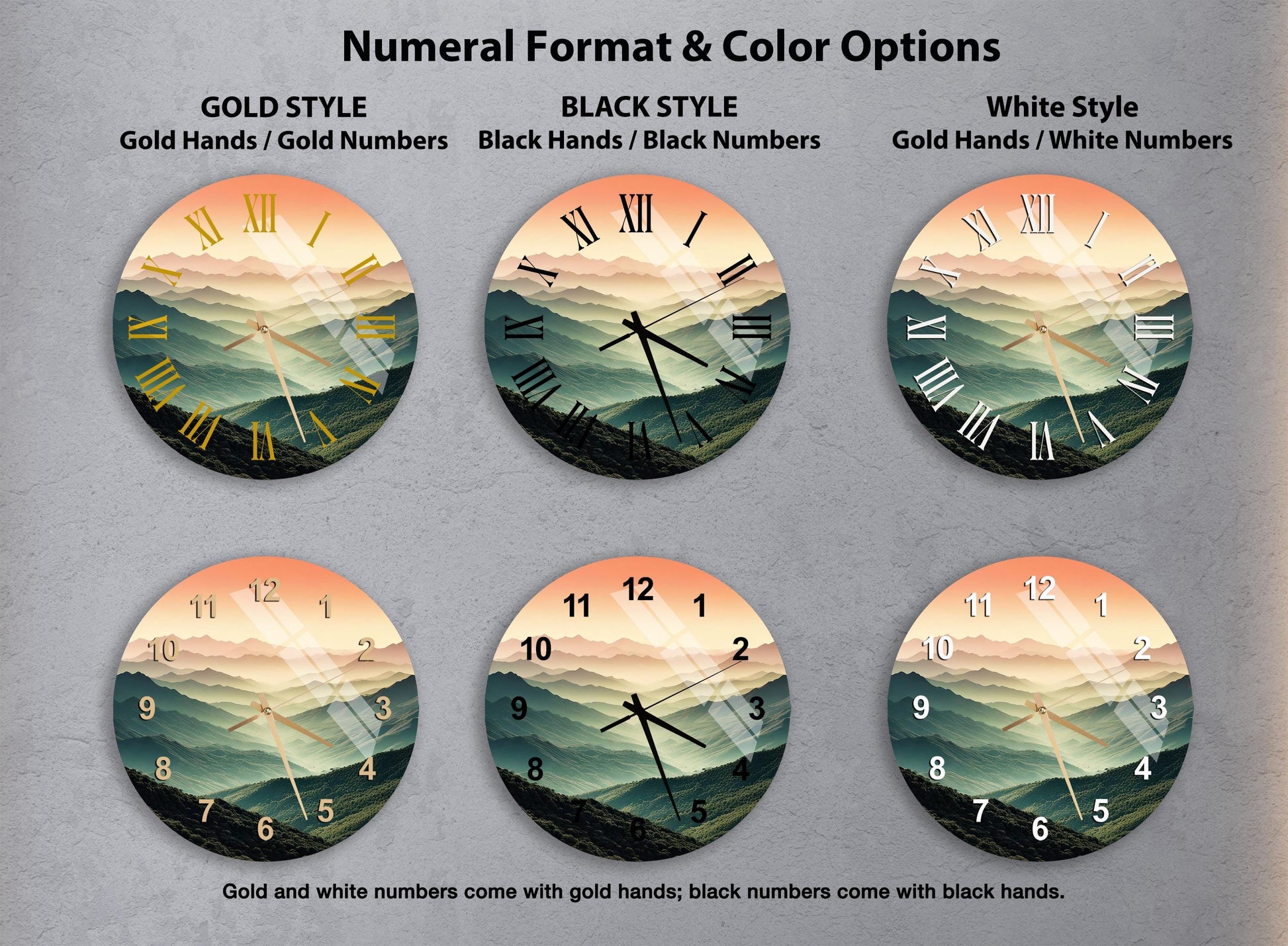 a set of four clocks with different designs on them