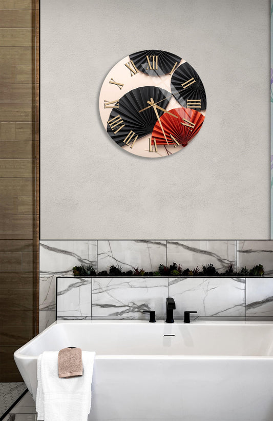 Tempered Glass Wall Clock – Abstract Fan Design, Cream White & Black, Modern Decor