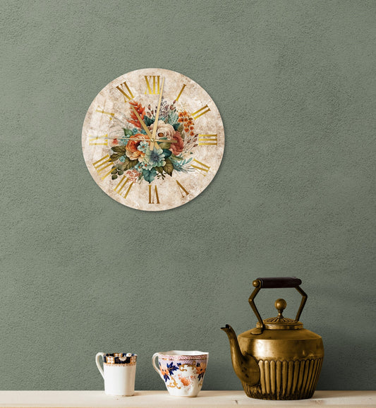 Glass Wall Clock - Rose Flower Clock | Floral Wall Art, Tempered Glass Decor