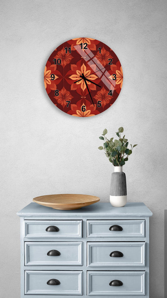 a wall clock with a floral design, a wooden tray, a vase with greenery, and a gray dresser with six drawers.