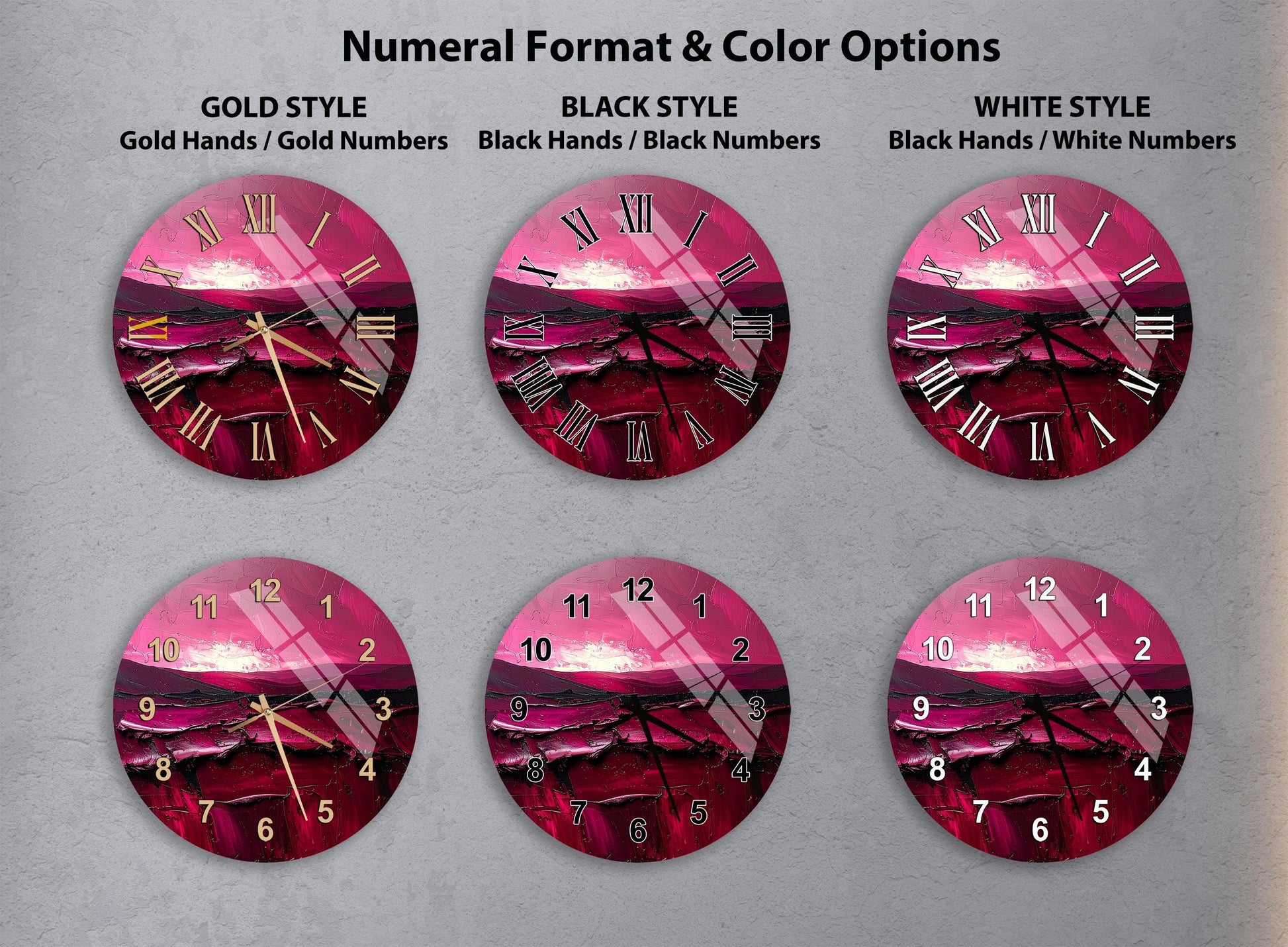 a collection of six clock faces with different styles and color options, including gold hands, black hands, black numbers, black numbers, white hands, and white numbers.