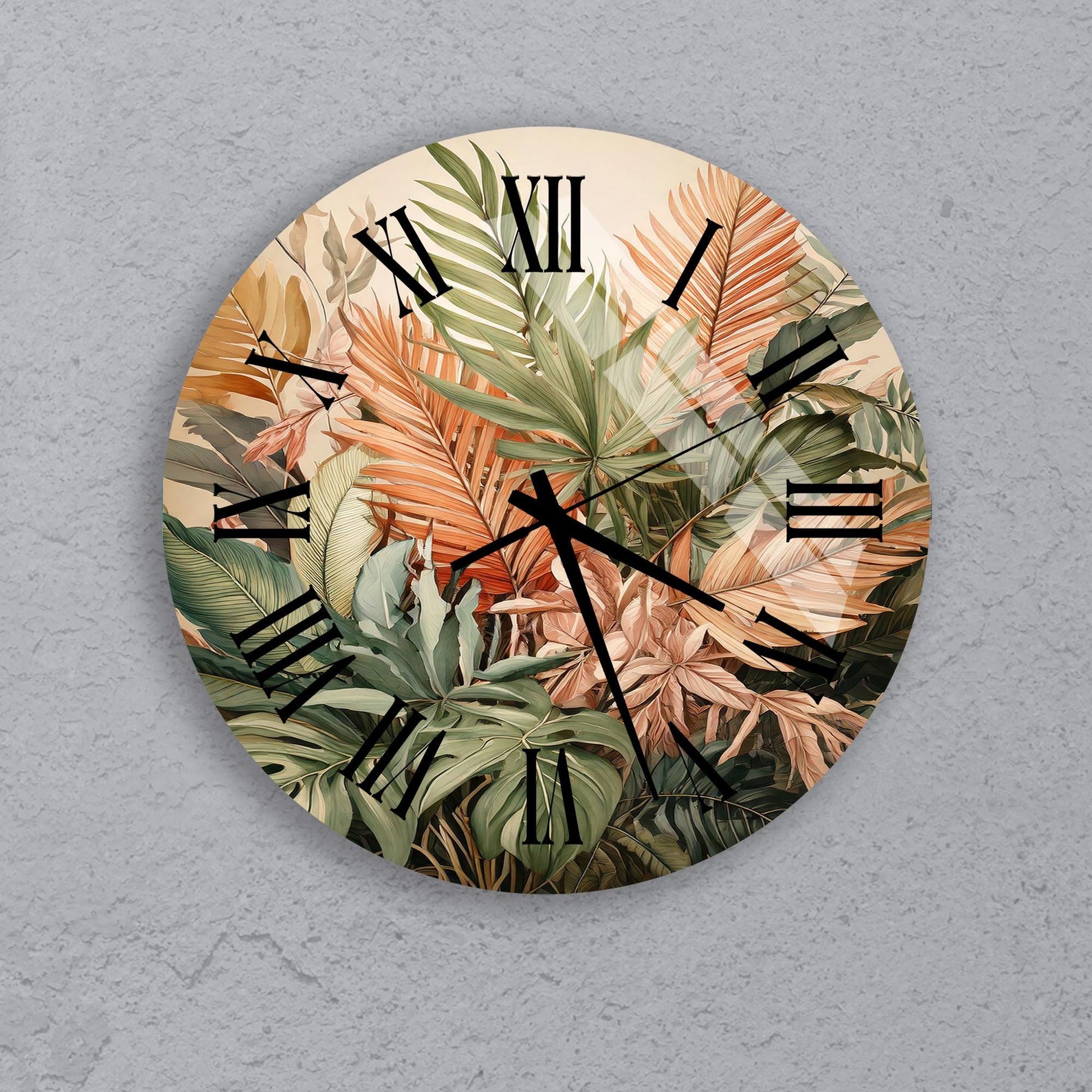 a clock with a painting of tropical leaves on it