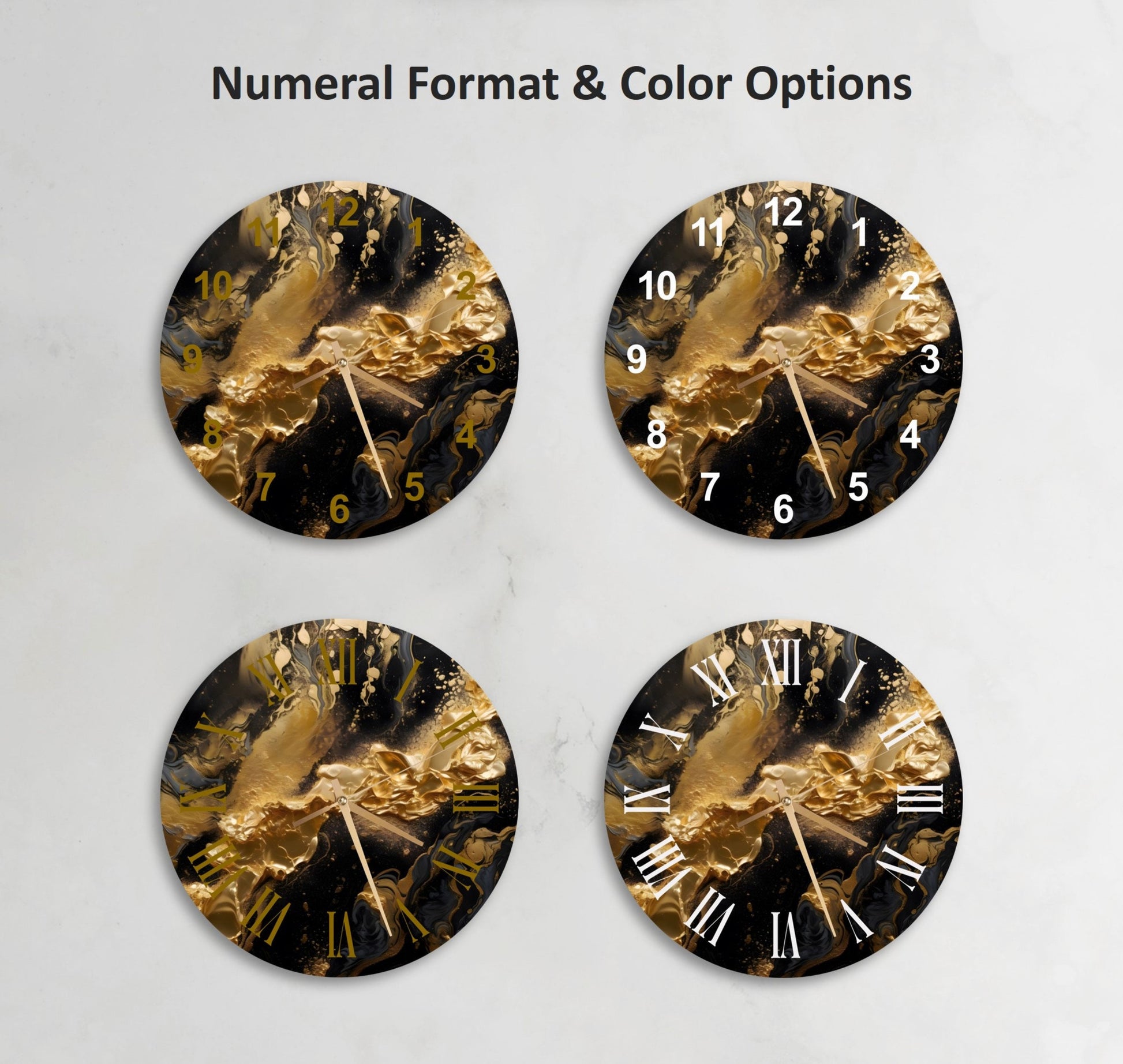 three clocks with gold and black designs on them