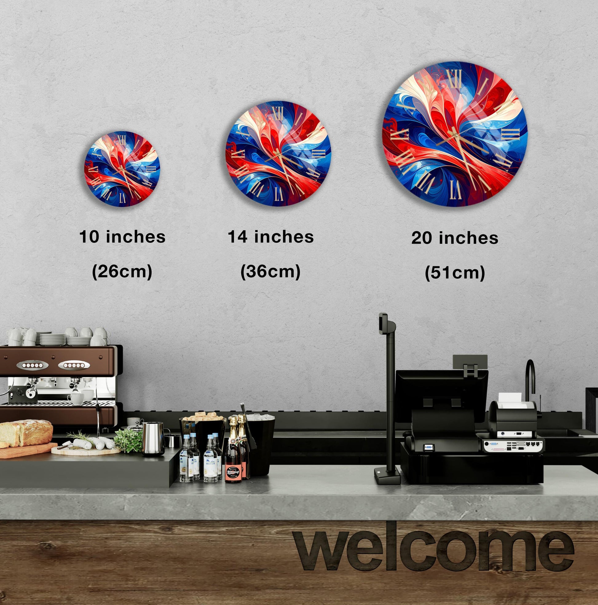 a wall with three different clock designs, each representing a different size: 10 inches, 14 inches, and 20 inches. Below the clocks, there is a counter with various items such as bottles and a cash register. The word "welcome" is also visible in the image.