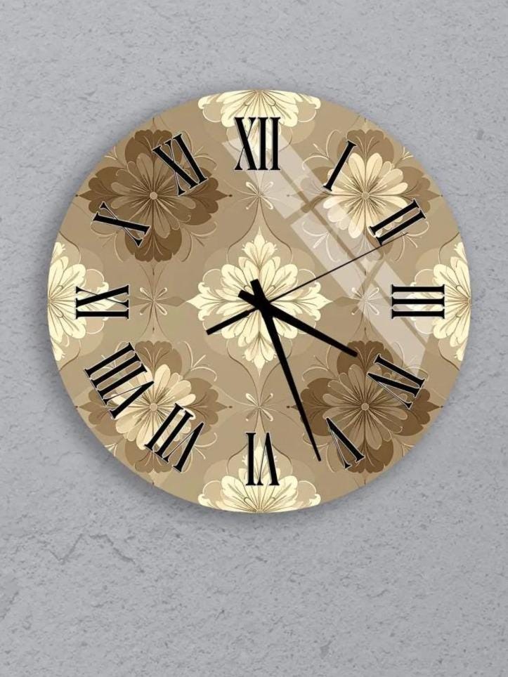 six round wall clocks with floral designs on their faces, arranged in a grid pattern on a gray background.