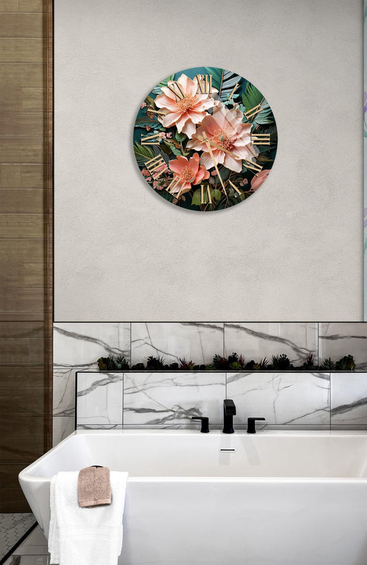 Tempered Glass Wall Clock – Floral Peach Blossom, Large Modern Silent Sweep