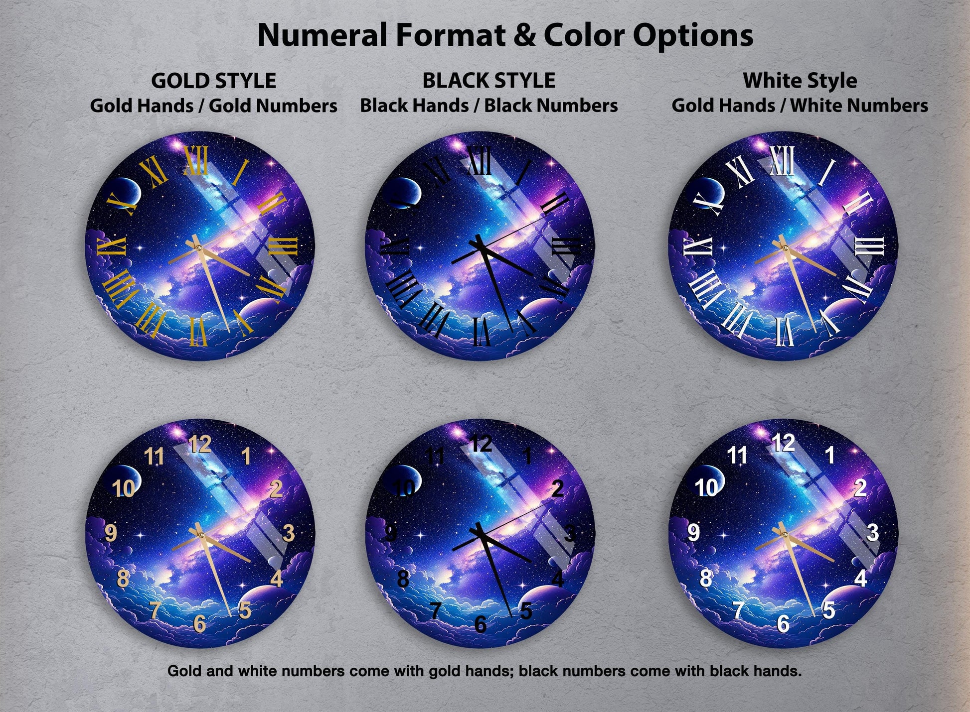 a set of four clocks with different designs on them