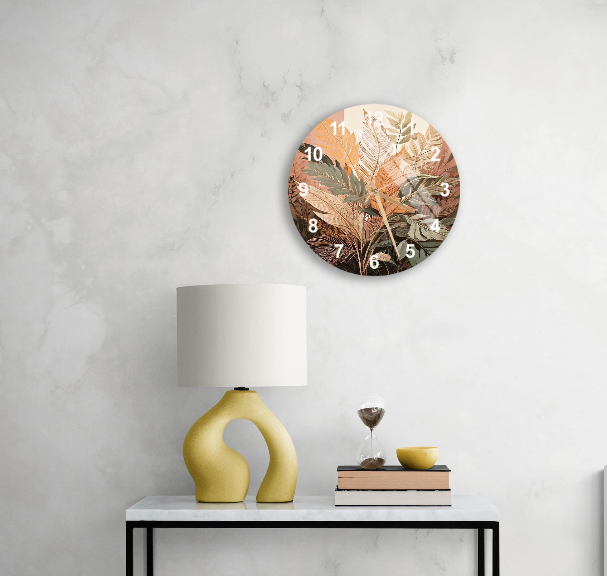 a table with a lamp and a clock on it