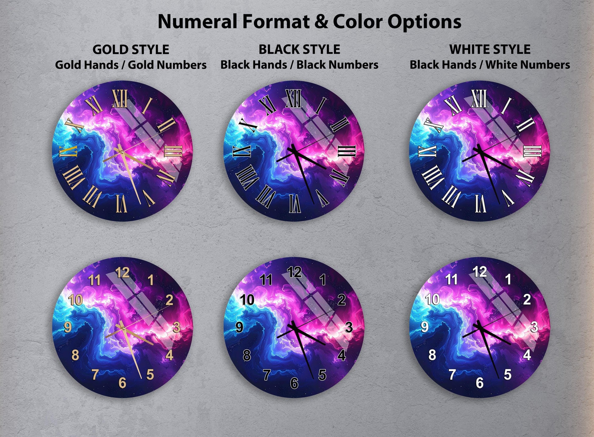 six different clock faces with various styles and color options, including gold, black, white, and black and white.